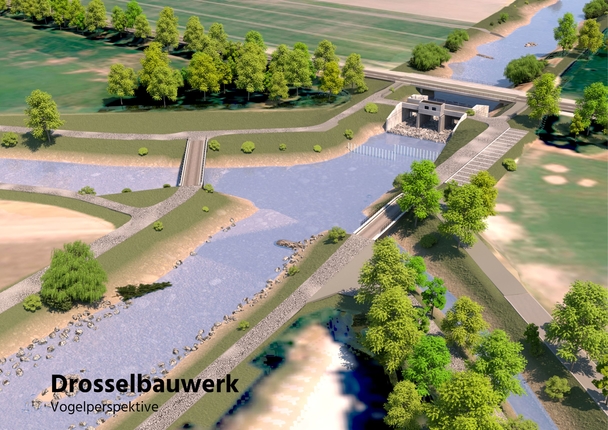 Die Visualisierung zeigt, wie das Drosselwerk bei den drei Brücken in Balgach aussehen könnte. Dieses ist notwendig, um die Hochwassersicherheit am Rheintaler Binnenkanal zu gewährleisten. Visualisierung: pd.